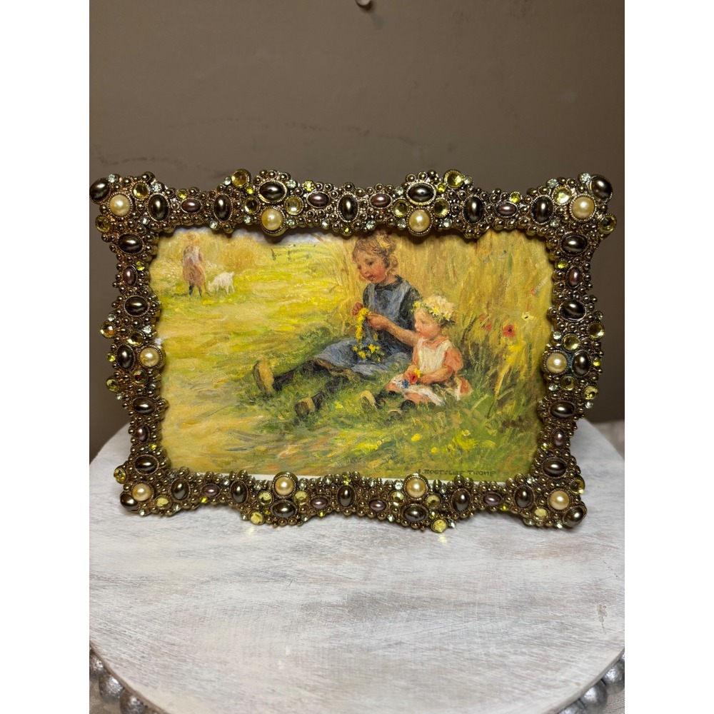 Ornate Jeweled 4x6 Picture Frame Heavy Metal Pearls Rhinestones Velvet Glam